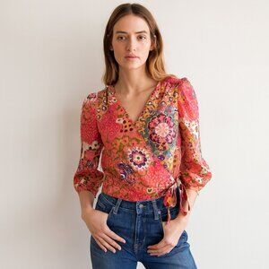 J. Crew Boho Wrap Tie Puff Sleeve Blouse Coral Pink Orange Floral Top Small